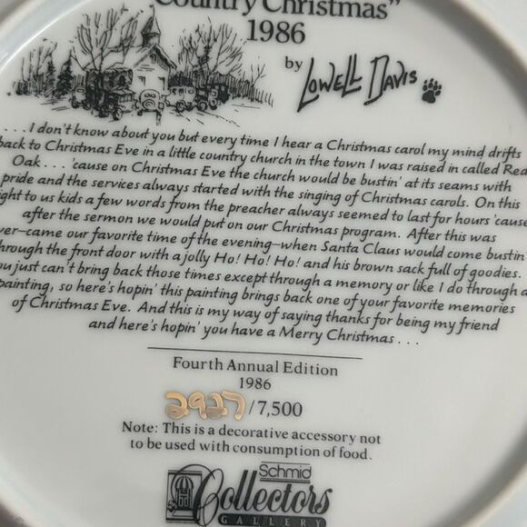 Vintage 1986 Country Christmas Collector Plate #2927/7500 By Lowell Davis - Picture 5 of 6